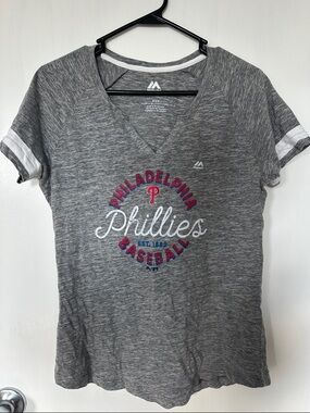 Majestic Gray Philadelphia Phillies Script V-Neck Tee with Red and Blue Logo